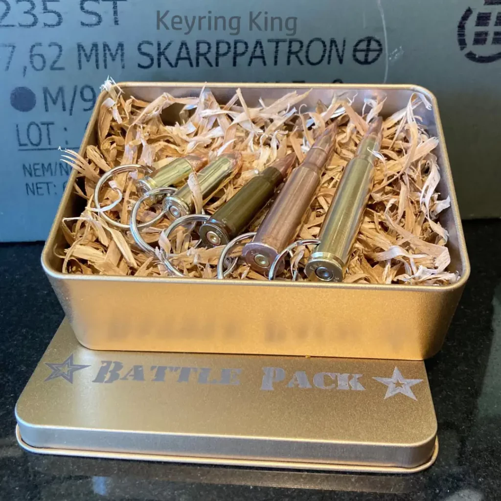 5-Piece Bullet Keyring Gift Set in Gold Tin – Perfect Tactical Gift for Gun Lovers know as the Battlepack
