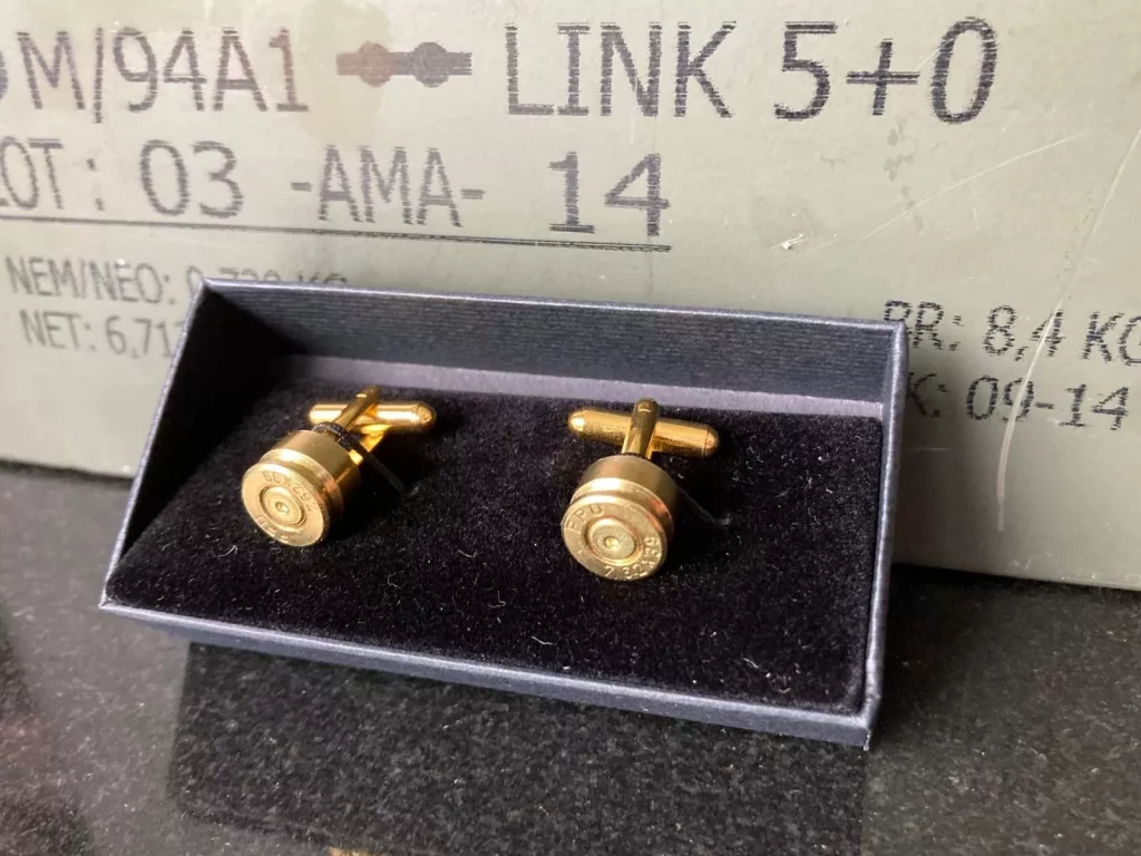 Accessories Handcrafted AK-47 bullet cufflinks made from authentic 7.62x39mm casings, featuring a polished brass finish for a bold and unique accessory.
