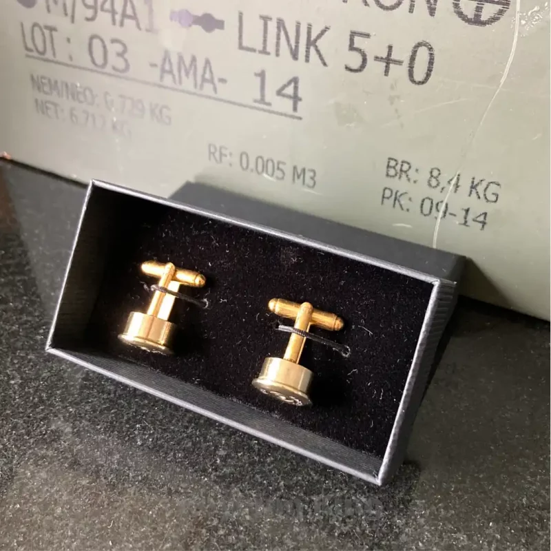 Handmade Mosin-Nagant 7.62x54R Bullet Cufflinks – A tribute to military heritage. Perfect for firearm enthusiasts, veterans, and collectors.