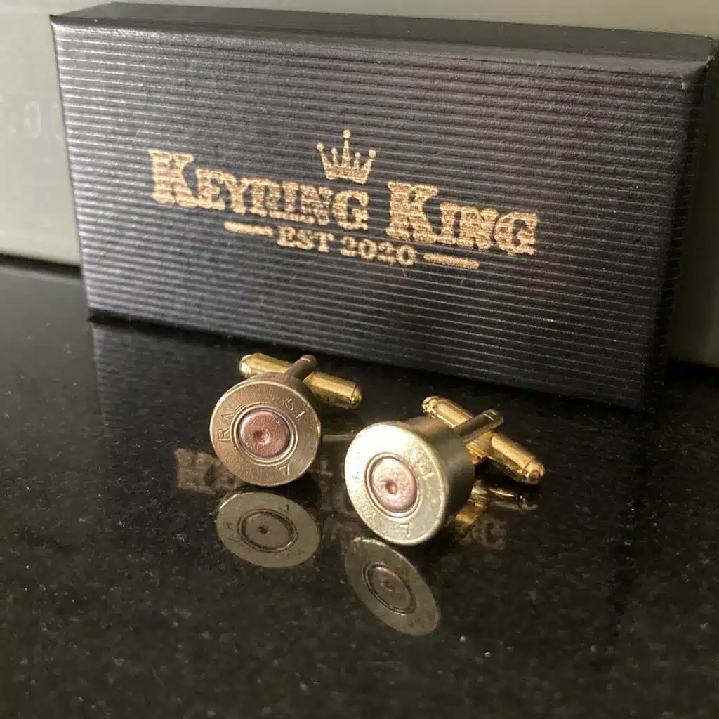 Handmade RL 54 Bullet Cufflinks – A tribute to British military heritage. Perfect for firearm enthusiasts, veterans, and collectors.