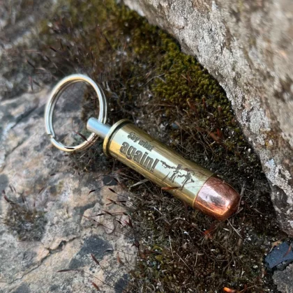 Bullet keyring Engraved with famous quote from Pulp Fiction, this .44 Magnum bullet keyring is an iconic piece for fans of Quentin Tarantino’s film. Say what again