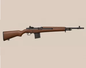 A classic U.S. military battle rifle with a full-length wooden stock, prominent iron sights, and a long barrel. The M14 combines the appearance of the WWII-era M1 Garand with a detachable magazine, symbolizing the transition to modern firearms used by American forces in the 1960s.