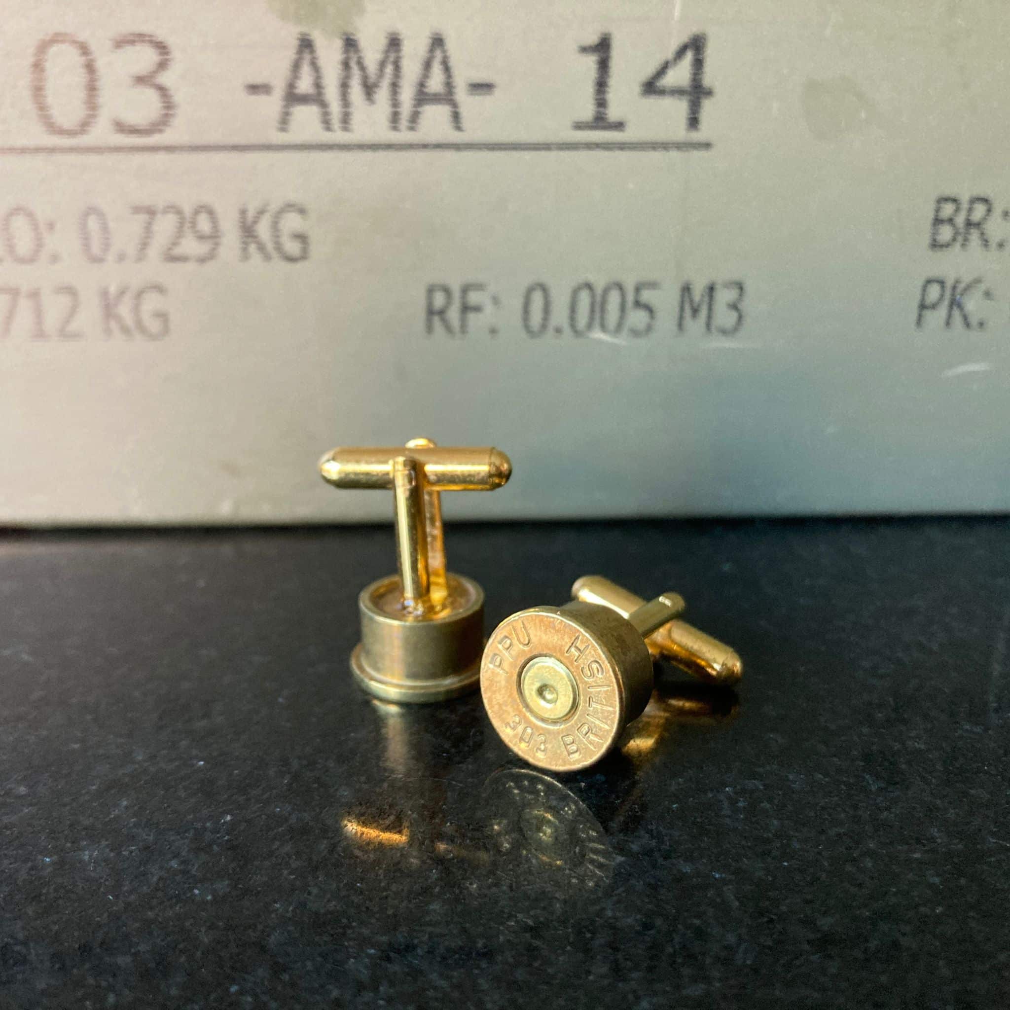 .303 British Bullet Cufflinks – Handcrafted from Genuine Cartridge Casings Close-up of polished brass .303 British PPU bullet casing cufflinks