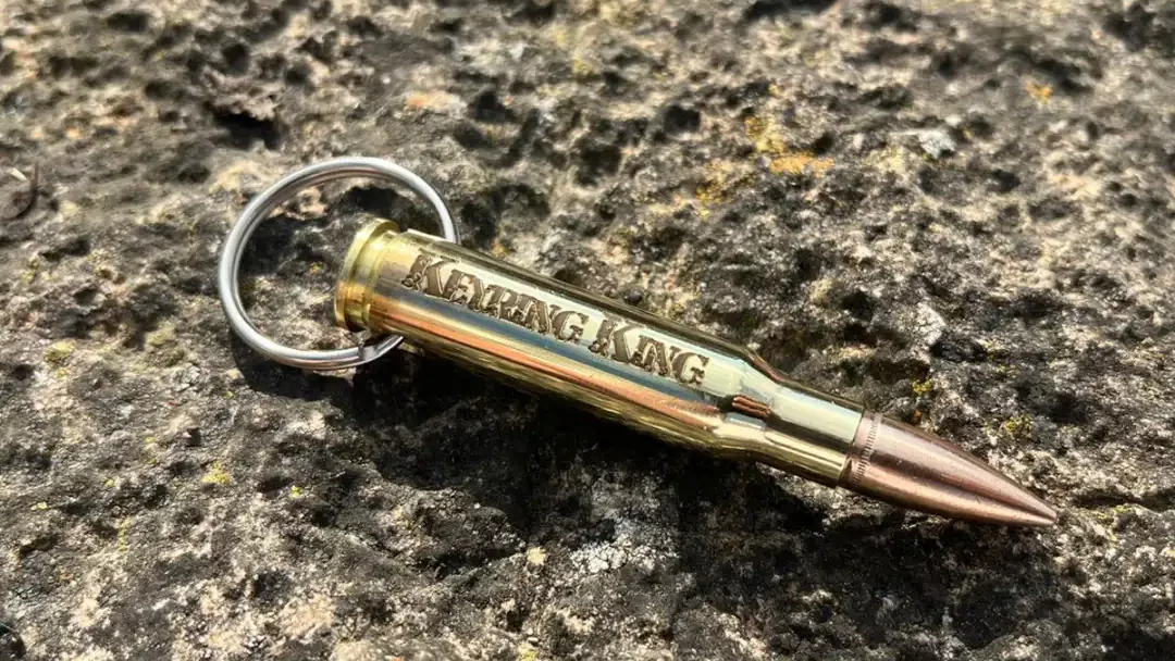 Engraved 7.62×51 NATO bullet keychain by Keyring King, shown as a stylish everyday carry accessory and unique .308 Winchester gift.
