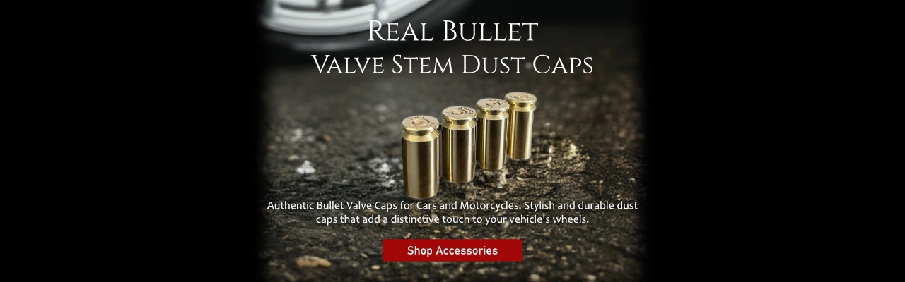 Set of four custom tire valve stem dust caps made from genuine polished brass bullet casings for cars, trucks, and motorcycles.