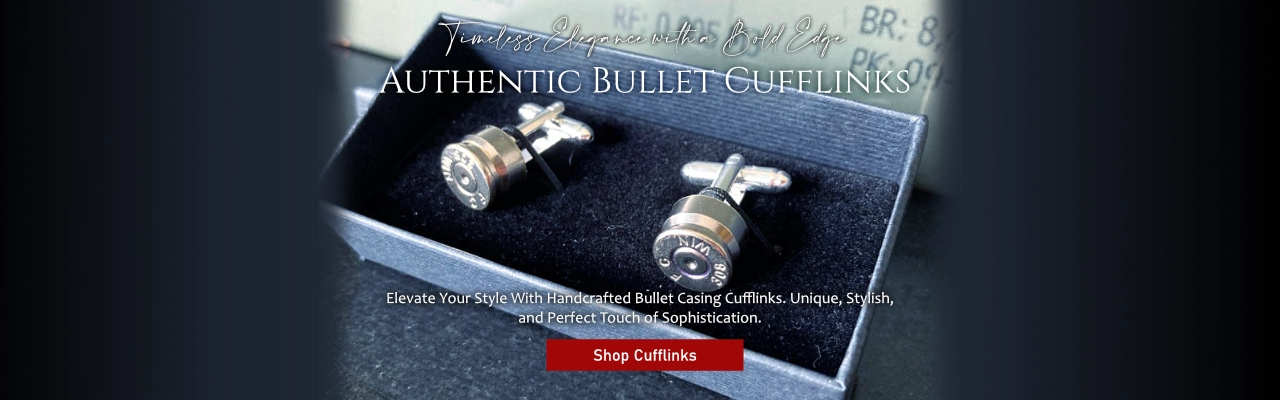 A pair of laser-engraved brass bullet cufflinks presented in a luxury black gift box, ideal for weddings and formal occasions.
